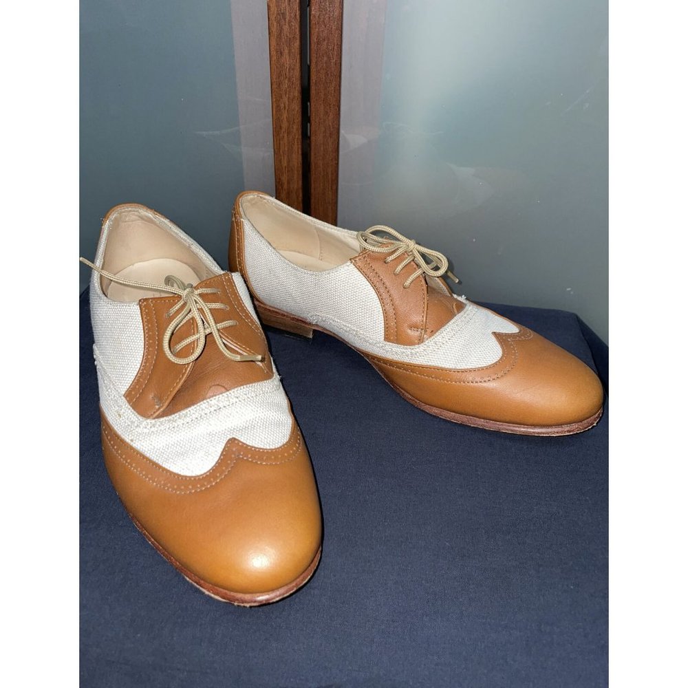 DIEPPA RESTREPO Brown & Beige Leather Canvas Wingtip Cap Toe Flat Shoes Size 8